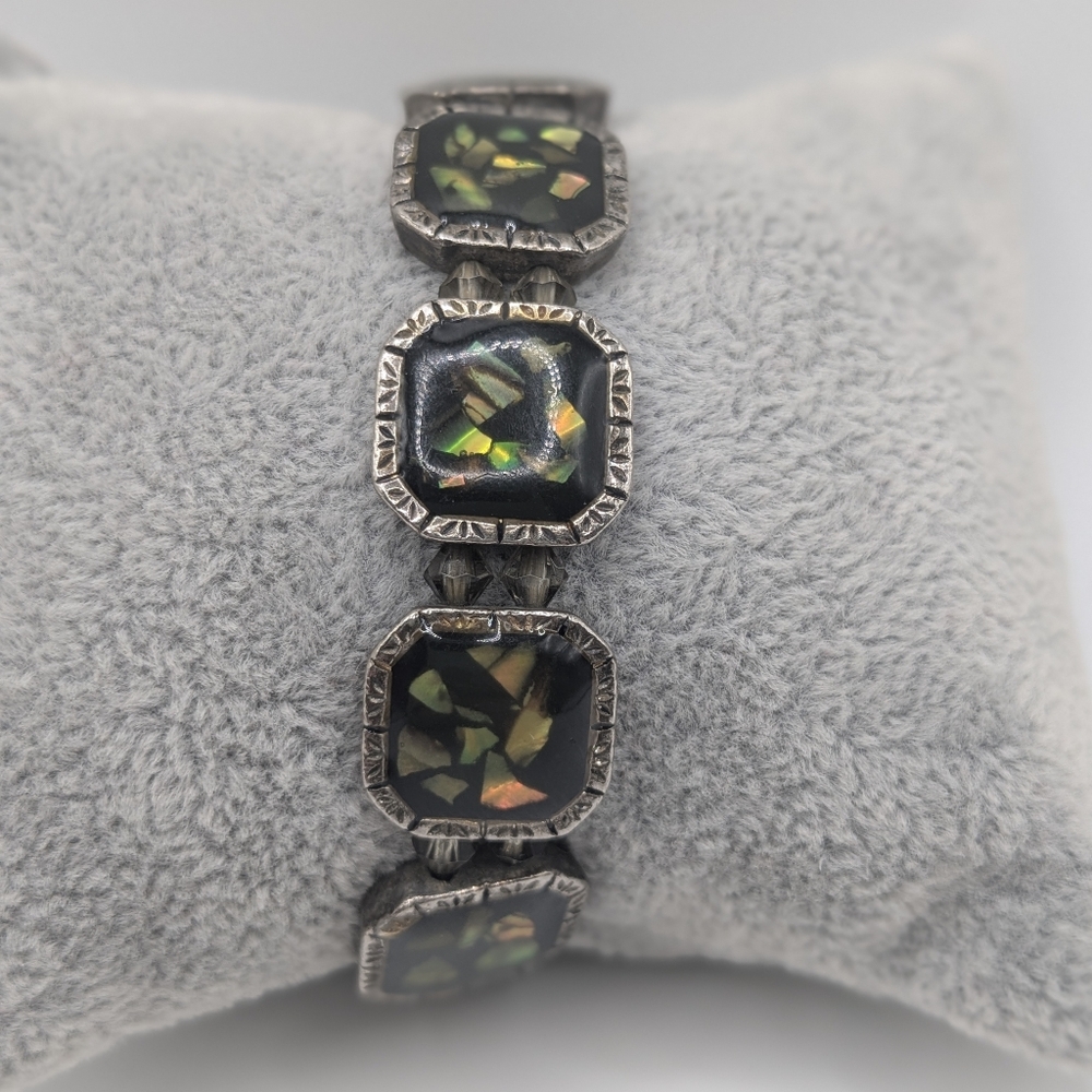 Vintage Black Confetti Lucite Stretch Bracelet Mid-century